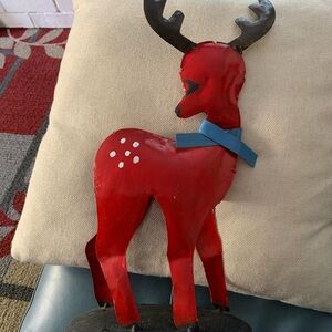 Darling Vintage Red Metal Reindeer with Blue Bow